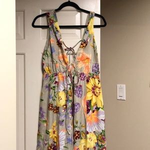H&M Long Floral Linen Blend Dress with Plunge Neckline